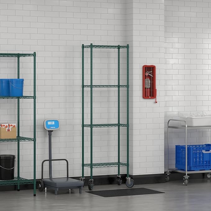 Commercial NSF Listed Green Epoxy Mobile Wire Shelving Kit 12" x 24" x 80", with 4 Shelves Perfect for Warehouse, Walk-in Refrigerator, Freezer, Grocery Store, Restaurant, Dishroom