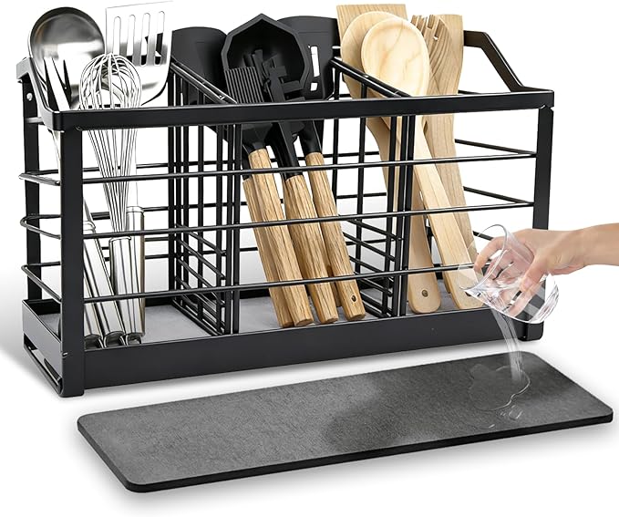 Large Kitchen Utensil Holder for Countertop, Cooking Utensil Holder Organizer with Diatomaceous Earth Base Matte Black, Utensil Organizer for Spatula and Kitchen Utensils (3 Compartments)