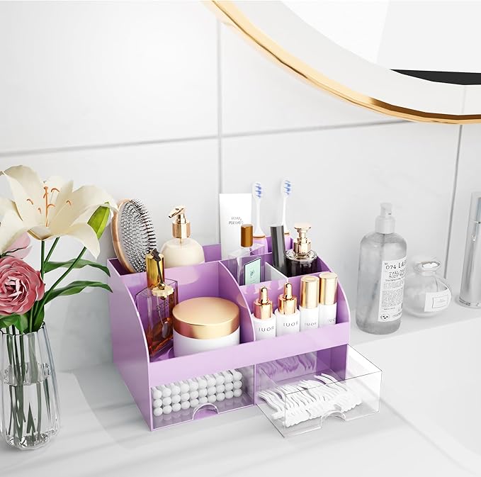 Makeup Organizer with Drawers, Cosmetic Storage for Dresser Vanity and Bathroom Countertop, Beauty Holder for Lipstick Brush, Skincare Organizer for Vanity, Cosmetic Display Case (Purple)