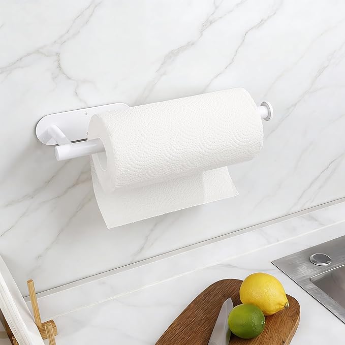 White Paper Towel Holder - Self Adhesive or Drilling, Under Cabinet Paper Towel Holder for Kitchen, Adhesive Paper Towel Roll Rack for Bathroom Towel, SUS304 Stainless Steel