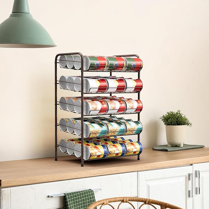 smusei Can Holders Organizer for Pantry 5-Tier Can Storage for Pantry Shelf Hold up to 60 Cans with Rack Dispenser for Countertop Kitchen Shelf, Soda Drinks, Rustic Brown