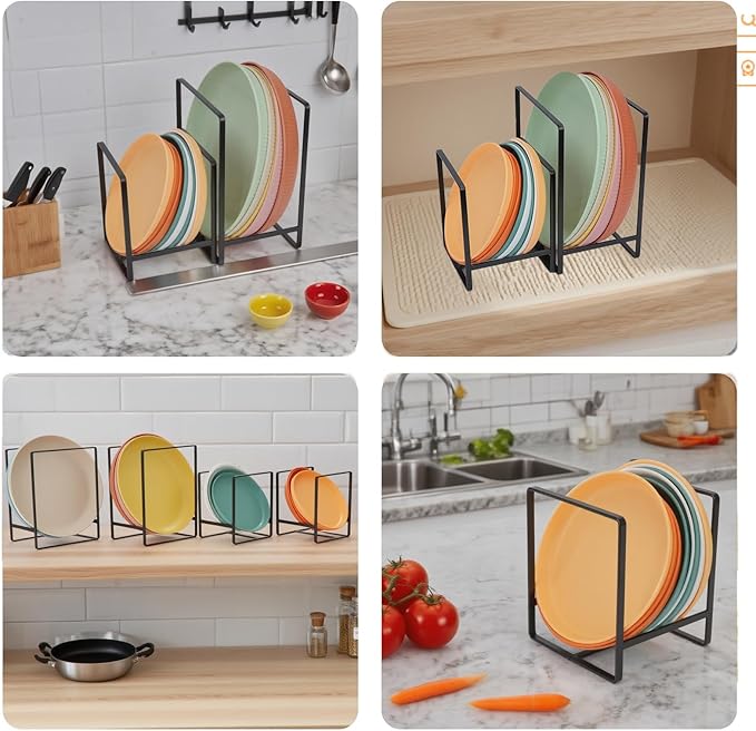 CEYAZYE 4 Pack Plate Holder Organizer for Cabinet Space Saver, Metal Dinner Dish Storage Rack, 2 Sizes Kitchen Storage Display for Plates, Pots, Pans, Cutting Boards, Black