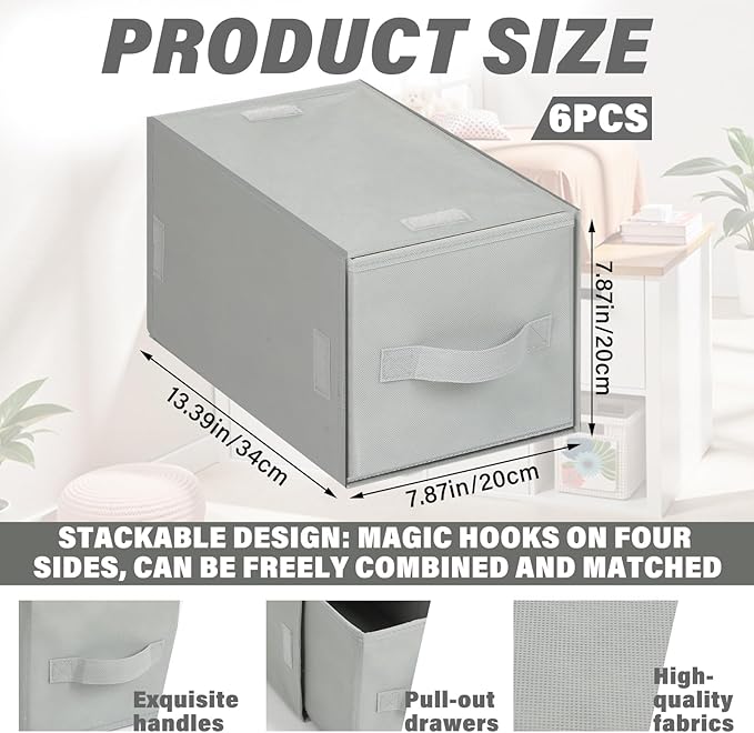 Weysat 6 Pack Stackable Storage Drawers Collapsible Closet Organizer with Drawer Cube Organizer Shelf Storage Fabric, Clothes, Towels Cubby for College Bedroom Living Room