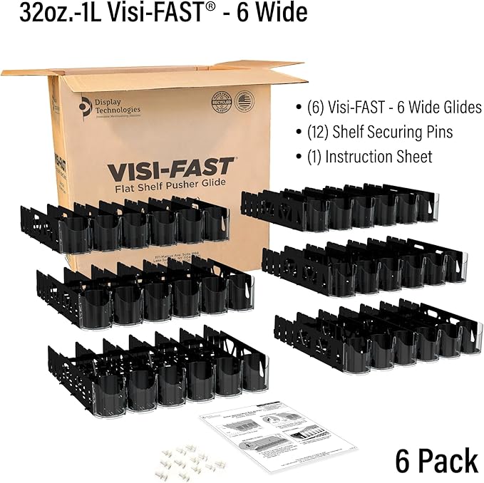 Display Technologies Visi-Fast Spring-Loaded Beverage Pusher-Glides (Pack of 6) - Effortless Beverage Product Presentation for 32oz/1LTR - 6-wide, 22" D' Drink Organizer ofor Cans, Bottles and More