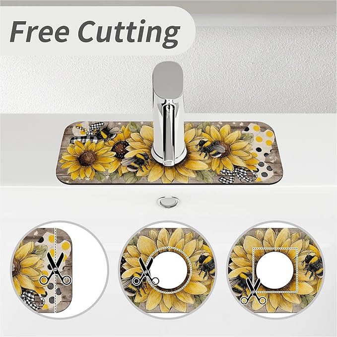Kitchen Sink Splash Guard，Sunflower-with bumblebees Faucet Mat Sink Gadgets-Super Absorbent Fast Drying Mat Drip Catcher for Kitchen, Bathroom,Sink Mat, Dish Drying Mat, Bathroom(15" X 5.5" )