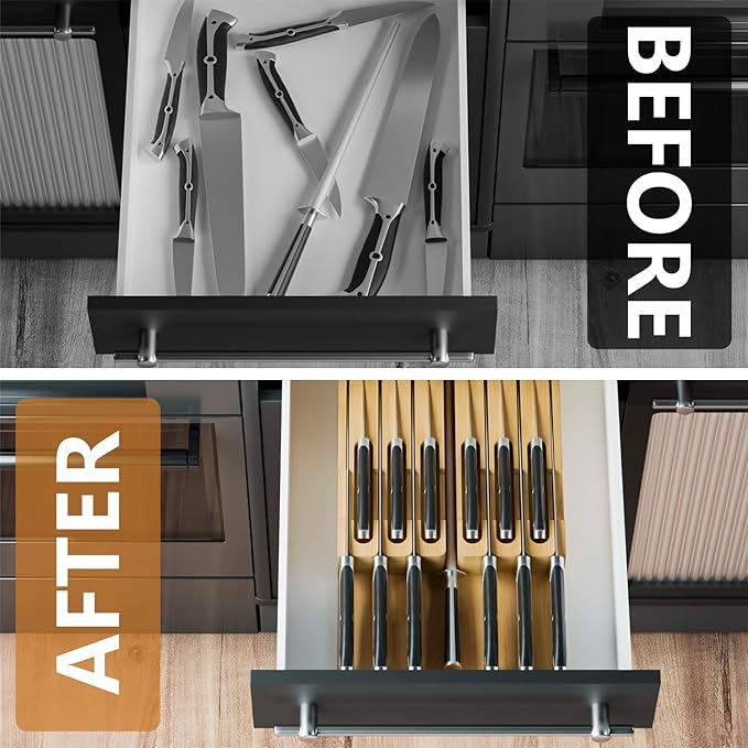 Domax Bamboo In-drawer Knife Block - Kitchen Knife Drawer Organizer Insert, Steak Knife Holder Without Knives, Drawer Knife Organizer Fits for 12 knives and 1 Sharpening Steel (Not Included)