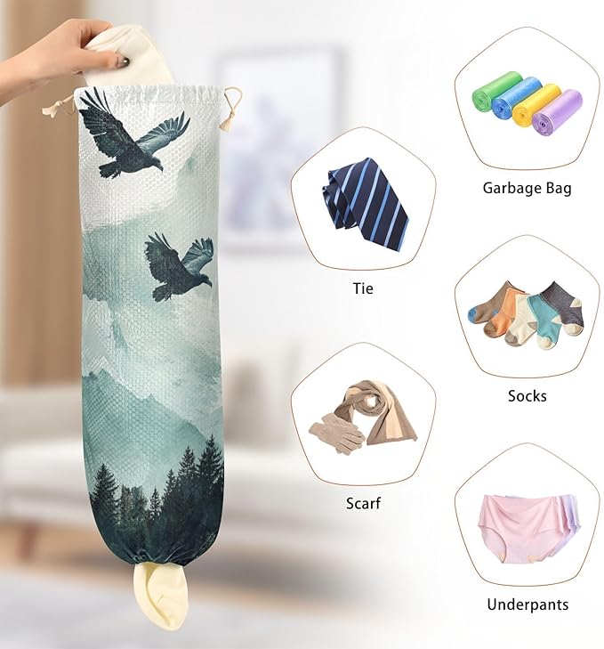 Plastic Bag Holder Wall Mount Grocery Bag Shopping Bag Storage Holder Organizer Dispenser with Adhesive Hook,for Kitchen Bathroom Home Decor 9x22 Inches Bald Eagle Mountains Green44