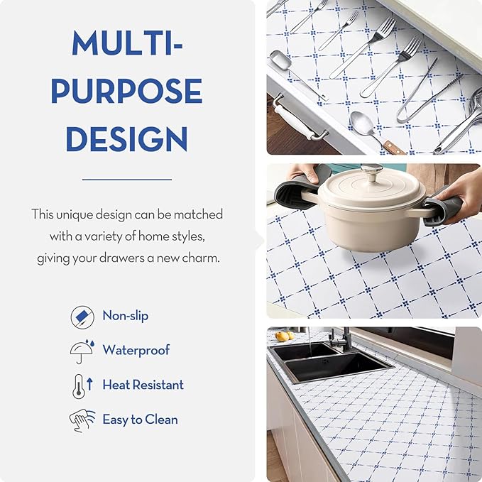 Aohoofull Drawer Shelf and Cabinet Liner, Thick Strong Grip,Shelf Liners Non-Adhesive Liners Protect Kitchen Cabinets and Cupboard, Bathroom Drawers,Under Sink Mat, 12" x10', Blue Stripe