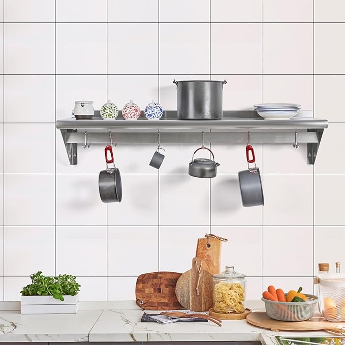 Hally Stainless Steel Shelf with 6 Hooks 14" x 36" Wall Mounted Pot Rack 300lb, NSF Commercial Floating Shelving for Storage Hanging Pots, Pans, cookware in Restaurant, Kitchen, Home and Hotel
