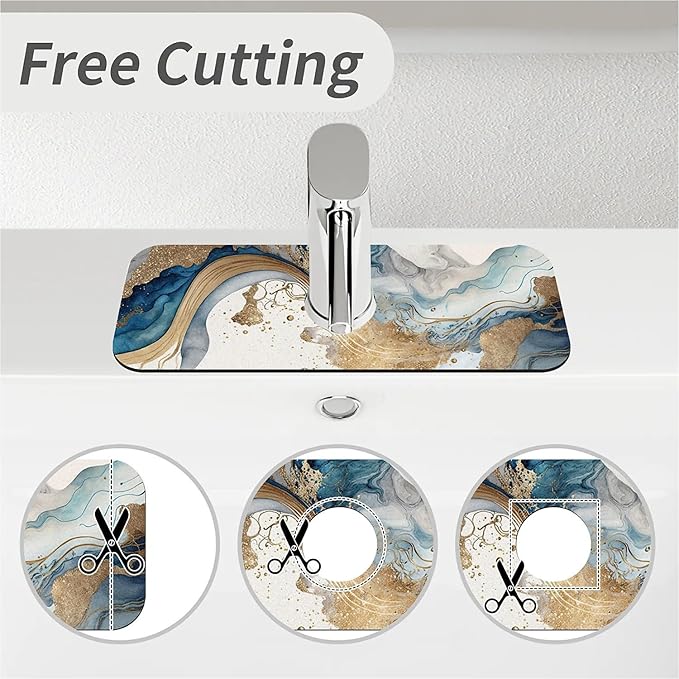 Kitchen Sink Splash Guard，Natural blue and gold marble Faucet Mat Sink Gadgets-Super Absorbent Fast Drying Mat Drip Catcher for Kitchen, Bathroom,Sink Mat, Dish Drying Mat, Bathroom(15" X 5.5" )