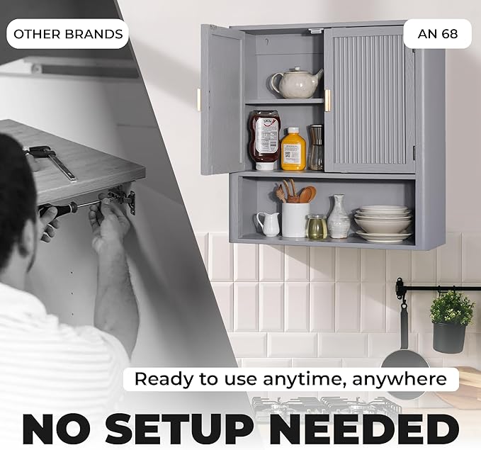 Pre-Assembled Wall Mounted Medicine Cabinet – 2-Door Bathroom Storage Cabinet with Fixed Shelf, Space-Saving Over-The-Toilet Organizer for Small Bathroom Living Room Kitchen or Laundry (Grey)