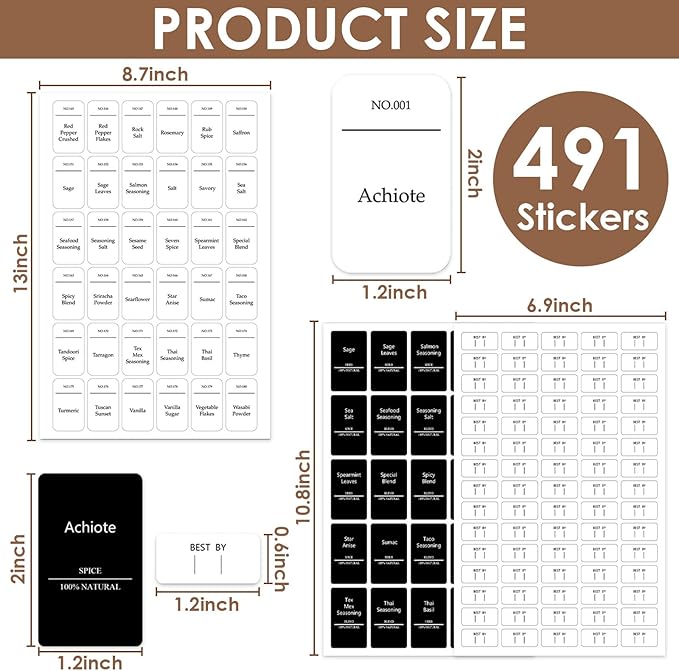 491 Pantry Labels for Containers, Preprinted Waterproof Stickers for Organizing Storage Bins, Spice Jar and Kitchen