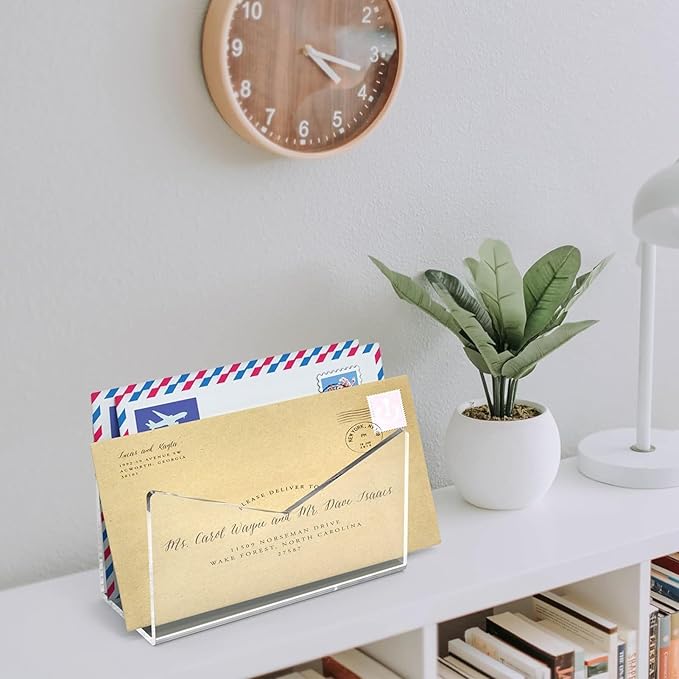 Sorandy 2 Pack Acrylic Mail Organizer, Mail Holder Stand, Vertical File Folder, Letter Sorter Desk Envelope Rack, for Home Office School Envelope Bill Filling Paper Document (Transparent)