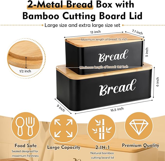2 Pcs Extra Large Bread Box with Slicer, Metal Farmhouse Bread Storage Container with Bamboo Cutting Board Lids Multi-size Breadbox Set for Kitchen Countertop(Black)