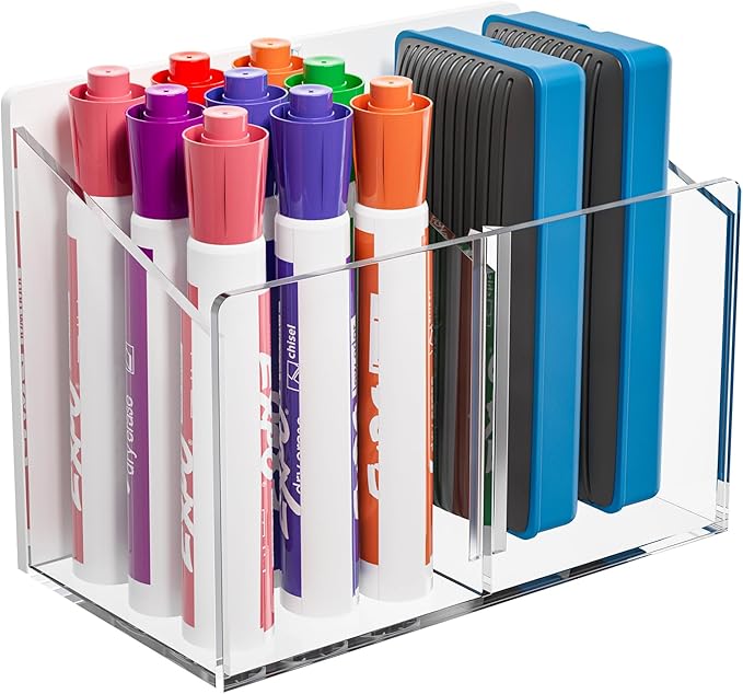 MaxGear Magnetic Dry Erase Marker Holder, 2 Compartments Clear Acrylic Pen & Marker Organizer with Screws & Strong Magnet for Whiteboard, Fridge, Wall & Locker, Holds 9-18 Markers/4 Erasers