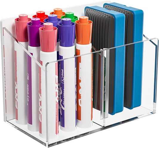 MaxGear Magnetic Dry Erase Marker Holder, 2 Compartments Clear Acrylic Pen & Marker Organizer with Screws & Strong Magnet for Whiteboard, Fridge, Wall & Locker, Holds 9-18 Markers/4 Erasers