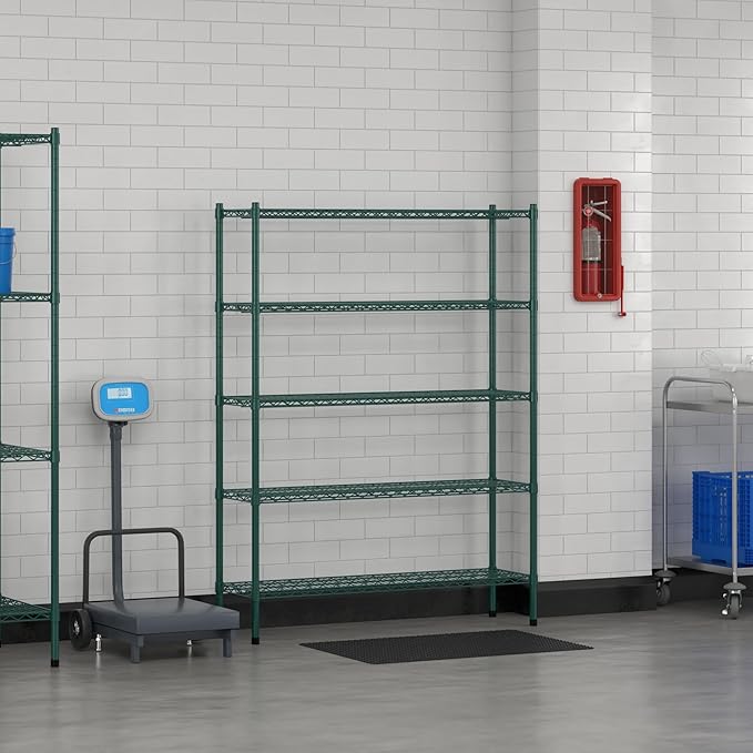 Commercial NSF Listed Green Epoxy Stationary Wire Shelving Kit 14" x 48" x 64", with 5 Shelves Perfect for Warehouse, Walk-in Refrigerator, Freezer, Grocery Store, Restaurant, Dishroom