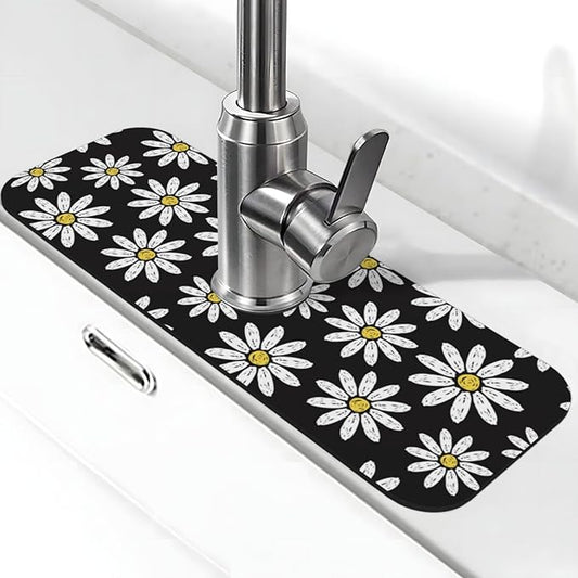 Daisy Flowers Floral Black Kitchen Sink Splash Guard Faucet Mat Super Absorbent Fast Drying Mat Sink Gadgets-Fast Drying Pad Sink Mat For Kitchen Bathroom (15" X 5.5" )