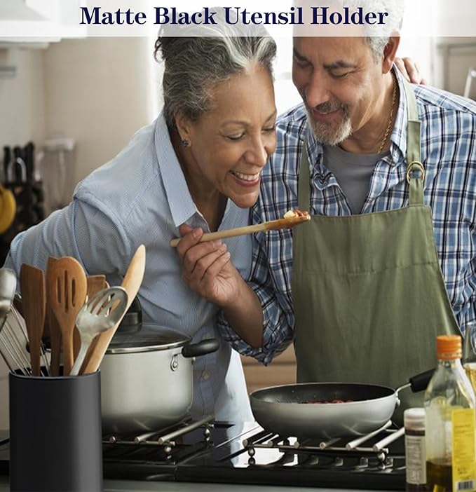 Black Utensil Holder for Kitchen Counter, Large 7.2" Matte Ceramic Utensils Crock for Countertop Easy to Clean, Modern Cooking Utensil Spatula Holder for Farmhouse 7.2×5.8 INCH