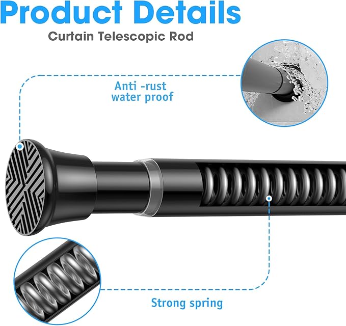 1Pack Black Tension Curtain Rods 31 to 76 Inch Small Curtain Rods No Drilling Short Tension Rod Adjustable Spring Curtain Rod for Windows Door Closet Pressure Rod