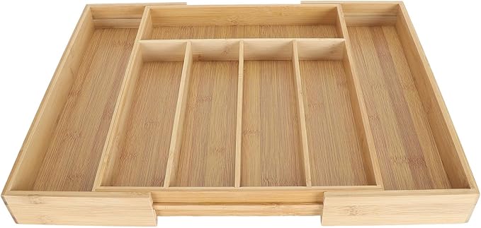 Kitchen Silverware Organizer Expandable for Cutlery and Utensils, Adjustable Wood Utensil Storage Cutlery Tray for Drawers, Kitchen Drawer Organizer Utensil Holder Makeup Organizer with(7 Slots B)