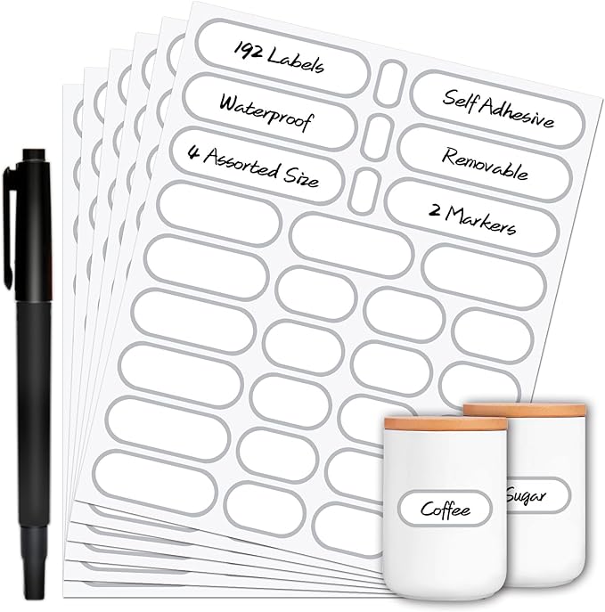 Nardo Visgo Waterproof Removable Labels for Bottles, Jars & Food Containers - Self-Adhesive Stickers for Kitchen Pantry Storage, Spice Labels, Travel - 192pcs 4 Sizes with Silver Border