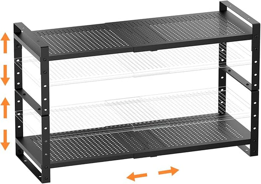 Multi-Functional Metal Shoe Rack,Expandable Adjustable Stackable Kitchen Organizer,Metal Shelf risers for cabinets, Kitchens and Closet, Bathroom(2Packs/Black/Large)