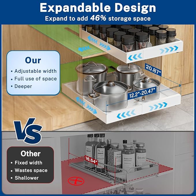 2 Pack Pull Out Cabinet Organizer Expandable Width(12.2"-20.47") & 21"Deep, Insputer Slide Out Drawers for Kitchen, Pantry with Magnetic Panel, Upgrade 3 Slide Rails, No Drill Adhesive Roll Out Shelf