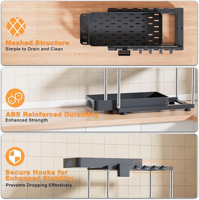 Under Sink Organizer, Under Kitchen Sink Organizer, Height Adjustable Bathroom Cabinet Organizers and Storage, 2 Tier Pull-Out Multi-Purpose Organizer for Bathroom Kitchen Cabinet, Black, 2 Pack