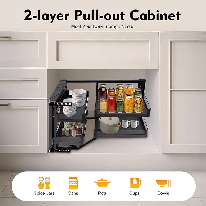 14 in Blind Corner Cabinet Pull Out, 2 Tier Blind Corner Cabinet w/ 4 Detachable Shelves Universal Left or Right Handed Open Kitchen Pull Out for Kitchen Home