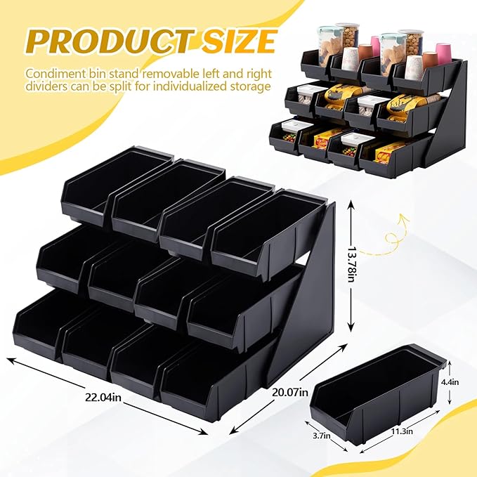 Novabright 3 Tier 6 Compartment Serve Condiment Bin Self Serve Condiment Bin Stand Countertop Plastic Containers Storage Display Rack for Coffee Shops Restaurants Bars (19.7" D X 22" W X 13.8" H)
