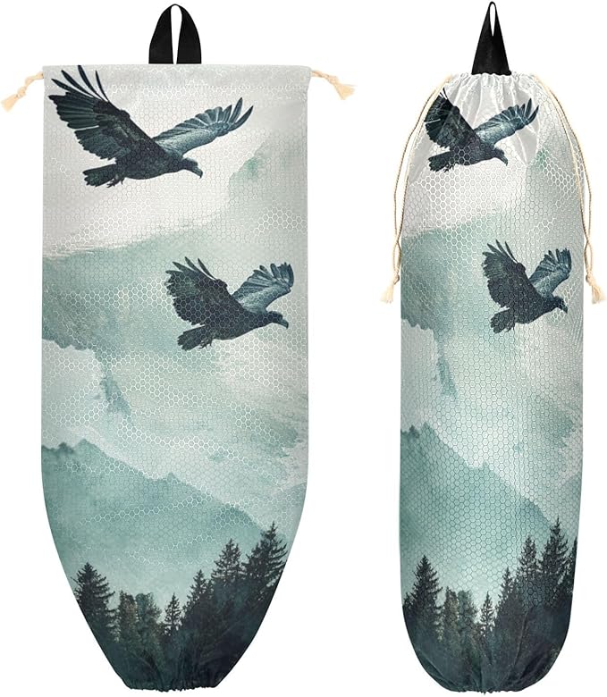 Plastic Bag Holder Wall Mount Grocery Bag Shopping Bag Storage Holder Organizer Dispenser with Adhesive Hook,for Kitchen Bathroom Home Decor 9x22 Inches Bald Eagle Mountains Green44