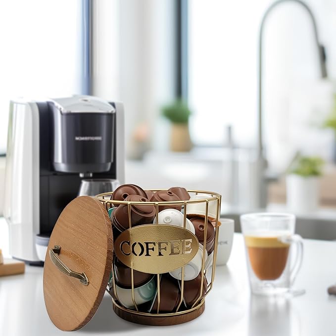 Round Coffee Pods Holder with Wooden Lid and Base,Wire Coffee Pods Storage Basket for Home Cafe Bar Countertop Decor(Gold)