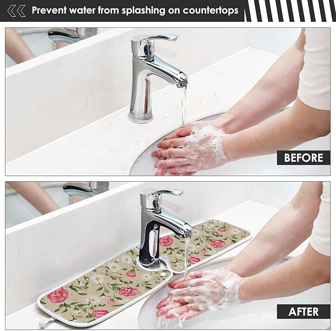 2 PCS Kitchen Sink Splash Guard 14.9 Inch Faucet Mat for Kitchen Sink Bathroom Sink Faucet Absorbing Drip Drain Mat Pad Microfiber Soft Washable Beige and Pink Carnation