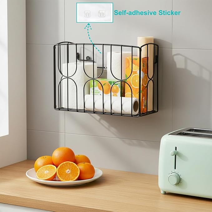 DEAYOU Kitchen Wrap Organizer Rack Wall Mount, Cabinet Door Storage Basket, Sturdy Metal Aluminum Foil Holder for Sandwich Bag, Wax Paper, Plastic Wrap, Food Bag, Cutting Boards, Black
