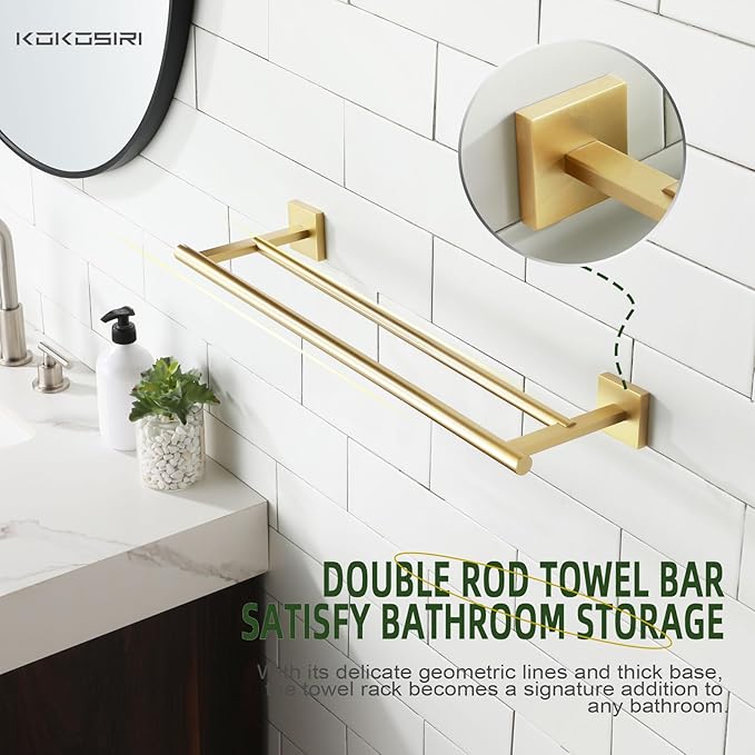 KOKOSIRI Towel Bar Bathroom Towel Holder Double Rails for Bath Kitchen Cabinet Towel Shelf 20 Inch Brushed Gold Stainless Steel B5005BG-L20