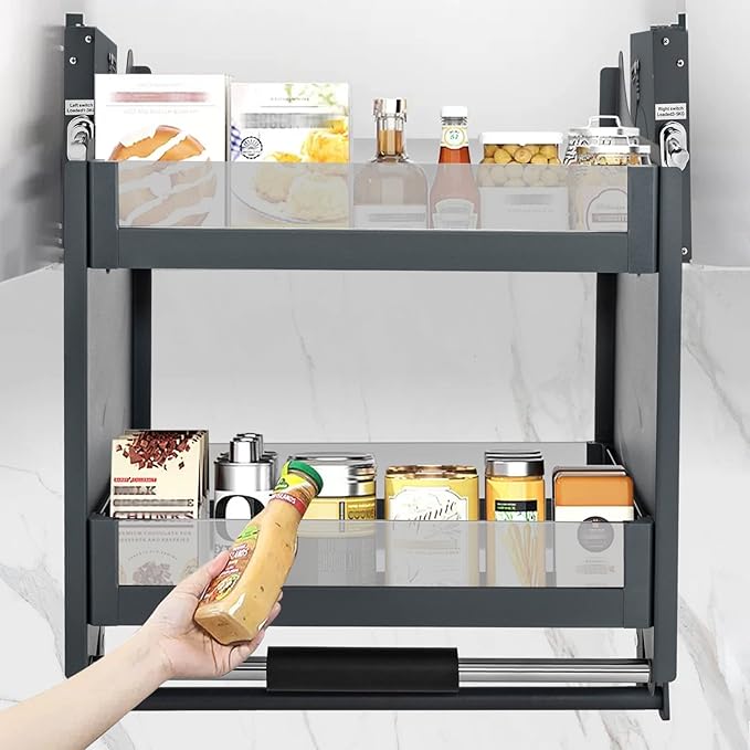 Pull Down Shelf Upper Kitchen Wall Cabinet Storage Organizer, Heavy Duty Pull-Out Cabinet Drop Down Sliding, Drop Down Shelf for Spices, Dishes (Pull Down)
