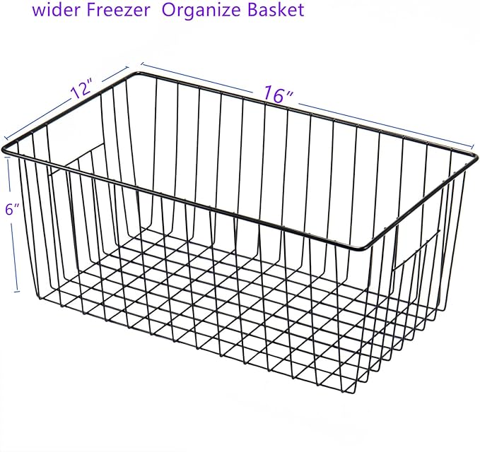 Y.Z.Bros 16" L x 12" W Wider Freezer Storage Organizer Baskets Container, Deep Metal Wire Chest Upright Refrigerator Divider Bins with Built-in Handles for Cabinet, Pantry, Kitchen, Black
