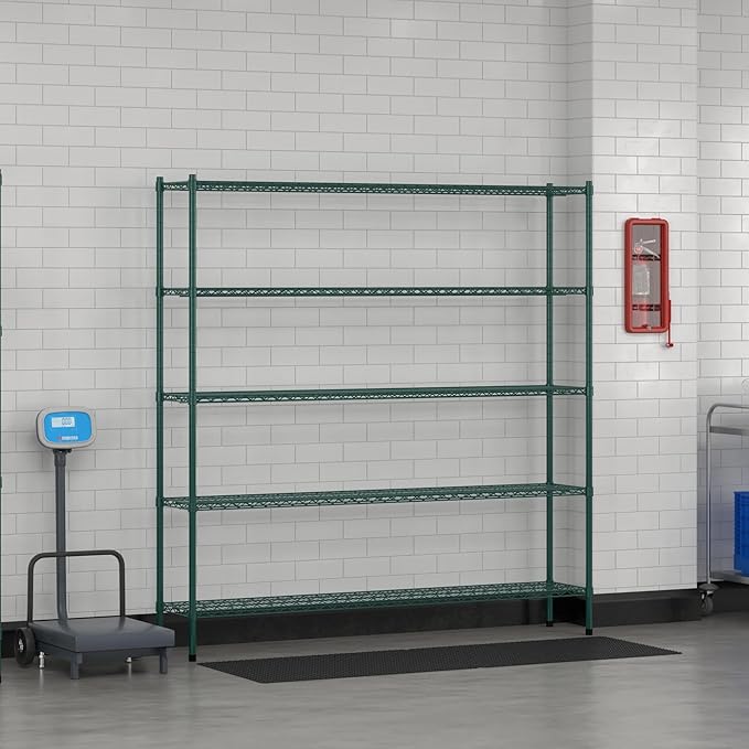 Commercial NSF Listed Green Epoxy Stationary Wire Shelving Kit 14" x 72" x 74", with 5 Shelves Perfect for Warehouse, Walk-in Refrigerator, Freezer, Grocery Store, Restaurant, Dishroom