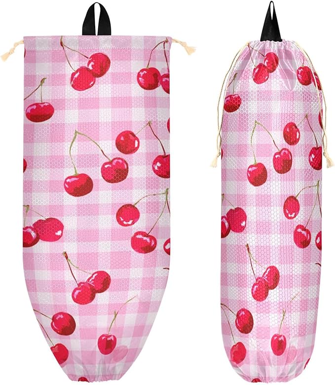 Plastic Bag Holder Wall Mount Grocery Bag Shopping Bag Storage Holder Organizer Dispenser with Adhesive Hook,for Kitchen Bathroom Home Decor 9x22 Inches Pink Juicy Checkered Cherry30