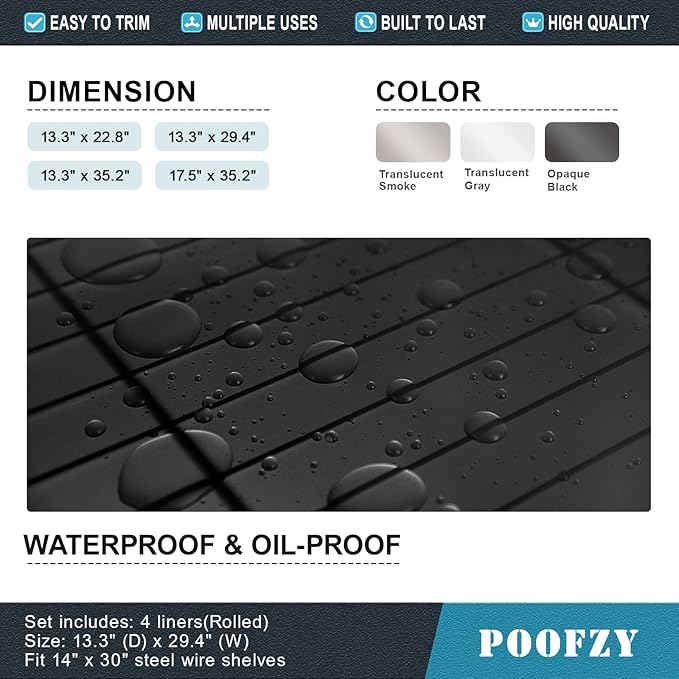 Poofzy Wire Shelf Liner 14" X 36", Non-Adhesive Plastic Shelf Liners for Wire Shelving, Waterproof Protector Mats (4PK, Black)