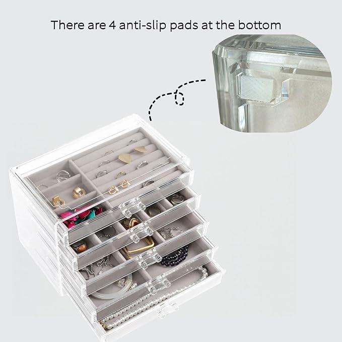 Clear Jewelry Organizer with 5 Drawers, Earring Organizer Jewelry Boxes for Women, Acrylic Earrings Display Holder for Storing Necklaces Earrings Rings, Grey