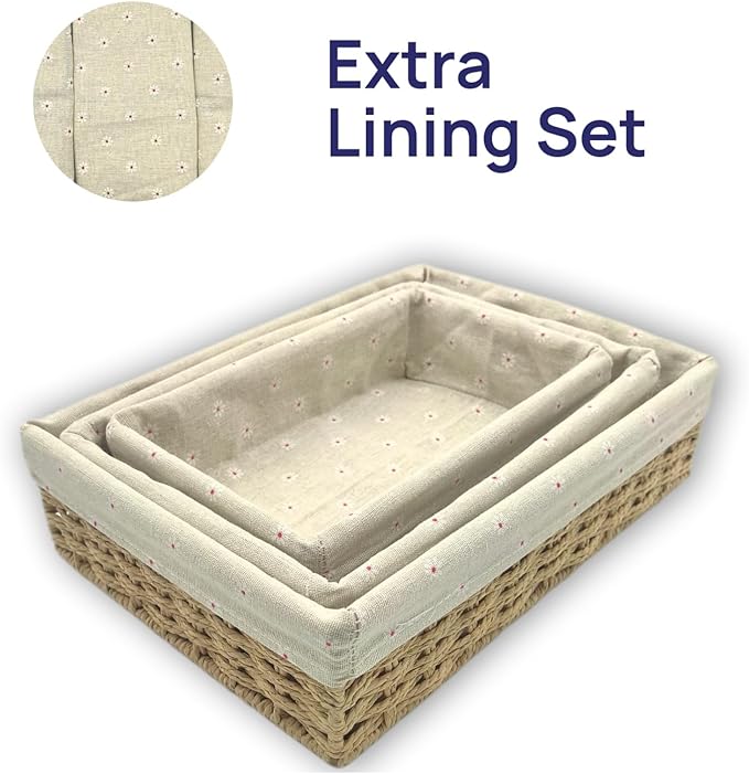 CT SUN Woven Storage Baskets for Shelves, 3-Piece Shallow Paper Rope Bins with 2 Sets of Liners (Cream & Daisy Print), Wicker Style Trays for Bathroom, Kitchen Counter, Bread & Nursery