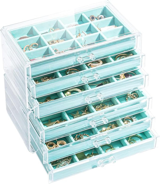 Lolalet Earring Holder Organizer Box Jewelry Storage with 6 Drawers, Clear Acrylic Stackable Earring Case with Adjustable Velvet Trays for Women on Dresser Vanity -Aqua, 6 Layers
