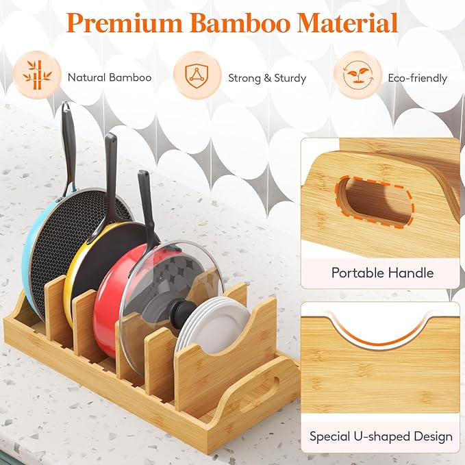 Lifewit Bamboo Pot Lid Organizers for Inside Cabinet, Pot and Pans Lid Holder with 6 adjustable Inserts & 7 Compartments, Lid Storage for Kitchen Pantry Organization, 15.6" X 8.1"