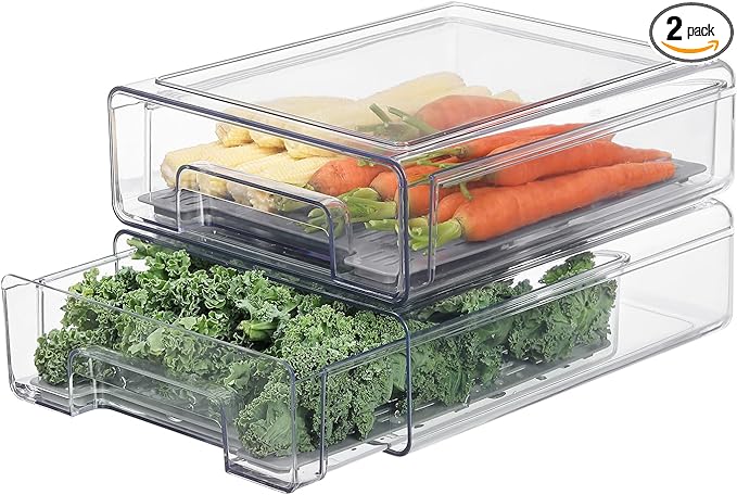 Bronkeeper Pull Out Clear Fridge Organizer Drawers with Drainer, Refrigerator Stackable Storage Bins for Kitchen Fruit & Veggie Organization (2PCS, Medium)