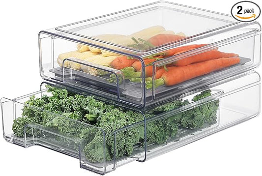 Bronkeeper Pull Out Clear Fridge Organizer Drawers with Drainer, Refrigerator Stackable Storage Bins for Kitchen Fruit & Veggie Organization (2PCS, Medium)