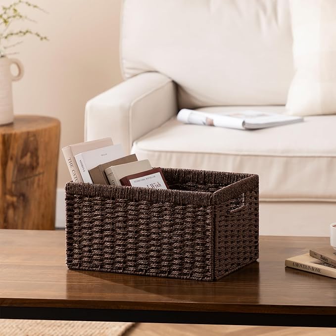 joybest Shelf Storage Wicker Baskets, 4-Pack Woven Paper Rope Baskets for Organizing, Foldable Rectangular Bin with Handles for Pantry, 13.4L x 8.3W x 7.1H Inch, Dark Brown