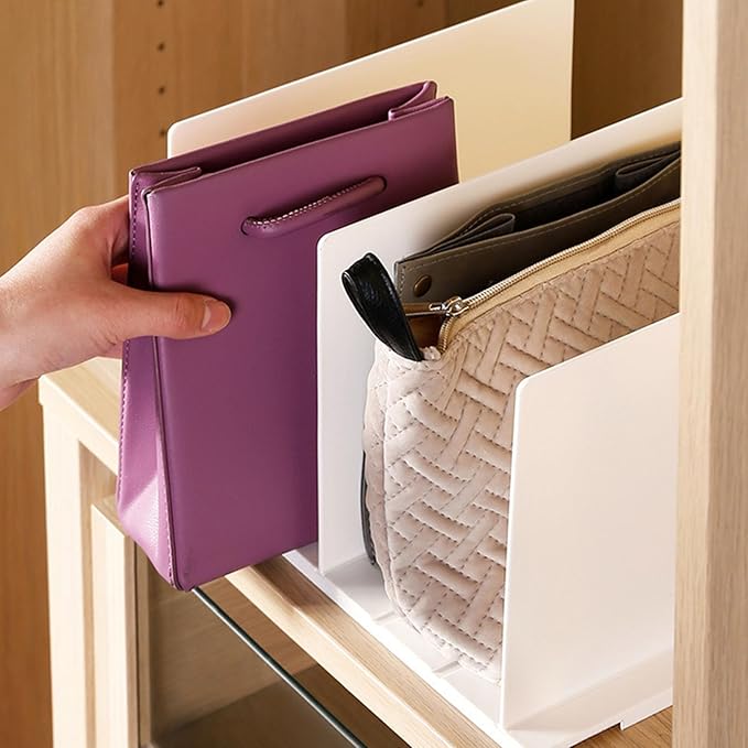 White Sturdy Plastic Shelf Divider, Vertical Handbag Separator for Closet, Adjustable Storage Organizer with Easy Assembly, Space Saving Design for Home Wardrobe Cabinet and Deskto