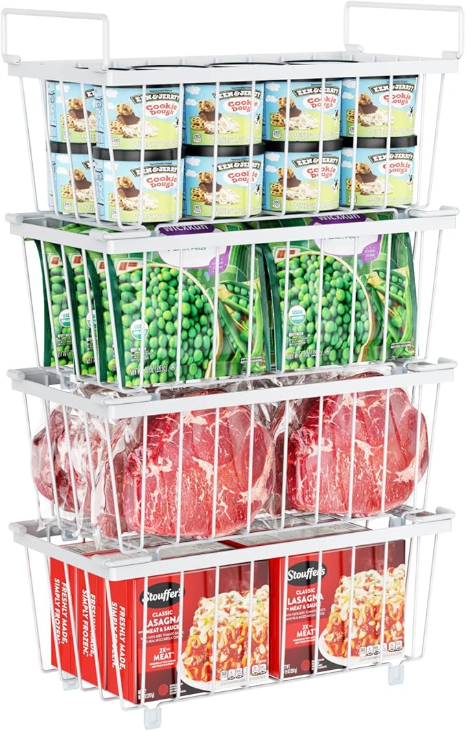 iSPECLE Freezer Organizer Bins, 4 Pack Deep Freezer Baskets for 5 to 7 Cu.Ft, Stackable Wire Chest Freezer Organizer Bins for Small Food, Strong Metal with Handles for Meat and Veggies, White